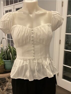 White House Black Market White Puff-Sleeve Peplum Button Blouse